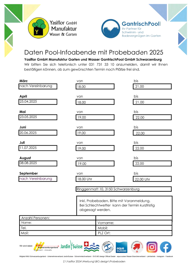 Probebaden Infoanlass Showpools Mustergarten Daten Infoanlass mit Probbaden